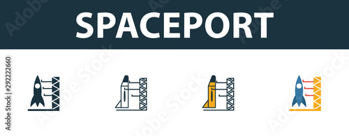 Spaceport icon set. Four simple symbols in diferent styles from space icons collection. Creative spaceport icons filled, outline, colored and flat symbols