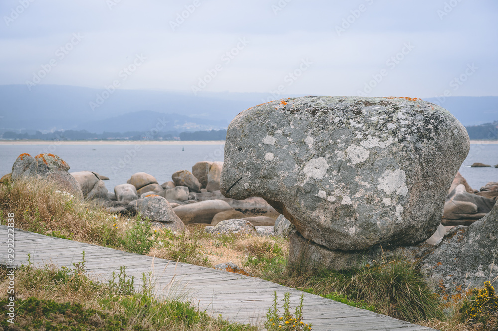 large stone shaped animal beside a wooden path large stone shaped animal beside a wooden path