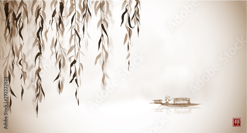 Willow tree and little boat in water. Traditional Japanese ink wash painting sumi-e in vintage style. Hieroglyph - eternity.