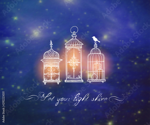 Three shining vintage rustic lanterns in doodle style on drak blue glowing background.