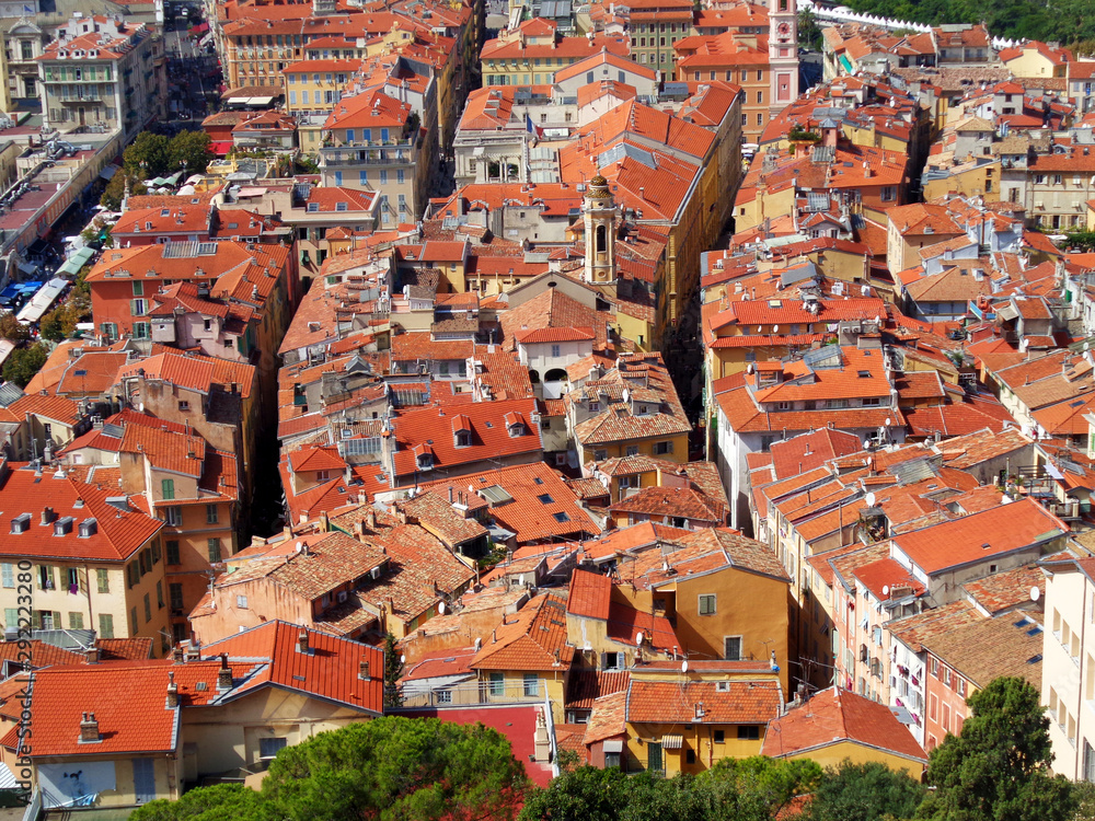 Panoramic view of the city of Nice. View of the architecture of the city. Roofs of the city with tiles.