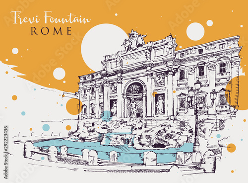 Drawing sketch illustration of the Trevi Fountain in Rome