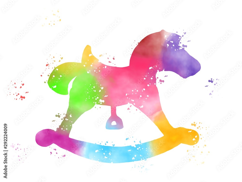 Cute colorful rocking horse silhouette painted watercolor illustration. Isolated on white. Concept for design fabric, dishes, posters, clothes. Green, pink, purple, yellow, red colours 