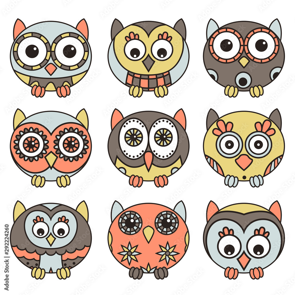 Nine funny owls in oval shapes