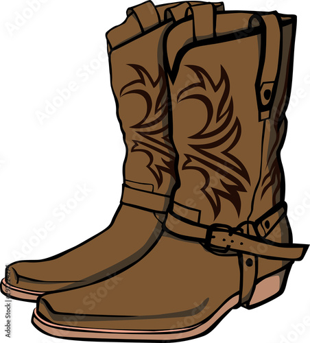 Brown patterned cowboy boots. Stylized isolated vector color image.