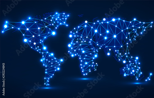 Abstract polygonal world map with glowing dots and lines, network connections