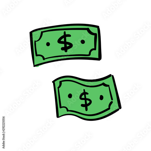 Dollar bill doodle. Cash money symbol. Hand drawn illustration.