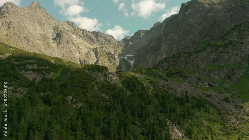 Flight of a drone over beautiful azure lakes in the alpine mountains. Tatra National Park in Poland. Morskie oko lake. Flight of a drone over beautiful azure lakes in the alpine mountains. Tatra National Park in Poland. Morskie oko lake.