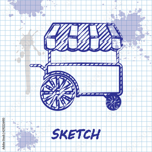 Sketch line Fast street food cart with awning icon isolated on white background. Urban kiosk. Vector Illustration