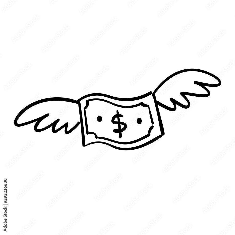 Dollar bill with wings doodle. Flying money. Hand drawn illustration