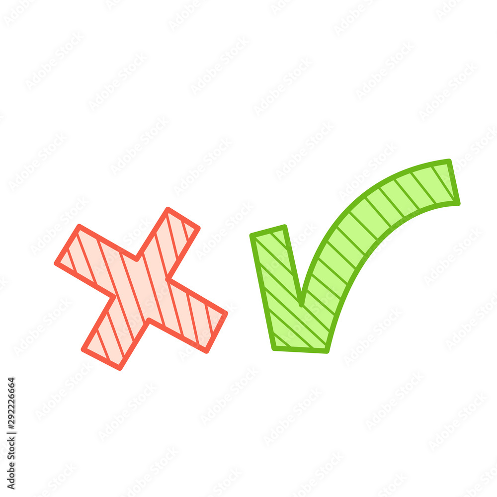 Hand drawn tick and cross isolated on a white. Vector illustration. Hand drawn tick and cross isolated on a white. Vector illustration.