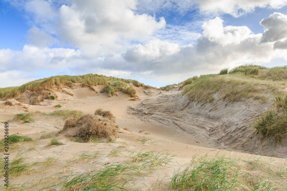 Dune valleys with deep wind holes carved out by heavy storm with swaying marram grasses with scattered clouds against blue sky