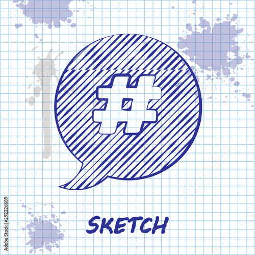 Sketch line Hashtag speech bubble icon isolated on white background. Concept of number sign, social media marketing, micro blogging. Vector Illustration