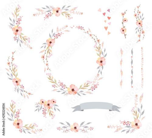 Floral Frame Collection. Set of cute watercolor retro flowers.