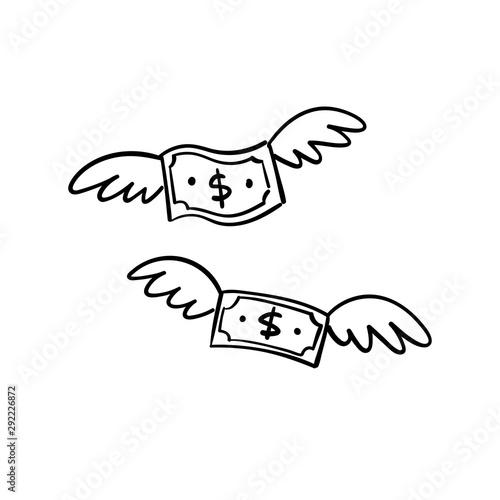 Dollar bill with wings doodle. Flying money. Hand drawn illustration.