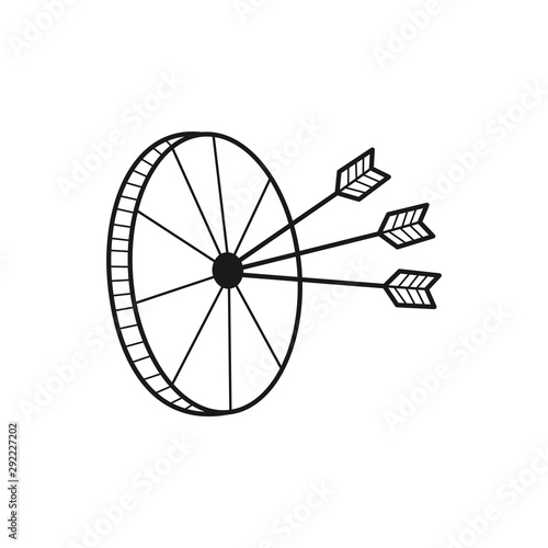 Arrows hitting the center of target. Sketch isolated on a white. Hand drawn of target. Vector illustration.