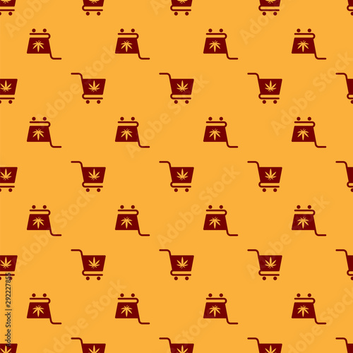 Red Shopping cart with marijuana or cannabis leaf icon isolated seamless pattern on brown background. Online buying. Delivery service. Supermarket basket. Vector Illustration