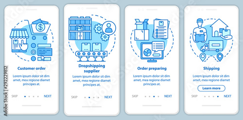 Dropshipping blue onboarding mobile app page screen with linear concepts. Customer order, drop ship supplier walkthrough steps graphic instructions. UX, UI, GUI vector template with illustrations