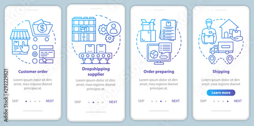 Dropshipping blue onboarding mobile app page screen with linear concepts. Order preparing, supplier, shipping walkthrough steps graphic instructions. UX, UI, GUI vector template with illustrations