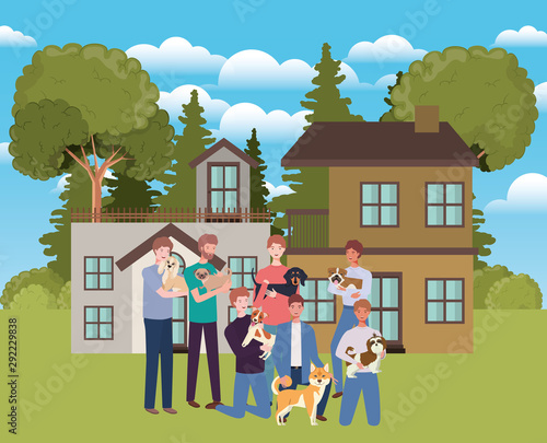 group of men with cute dogs mascots in outdoor house