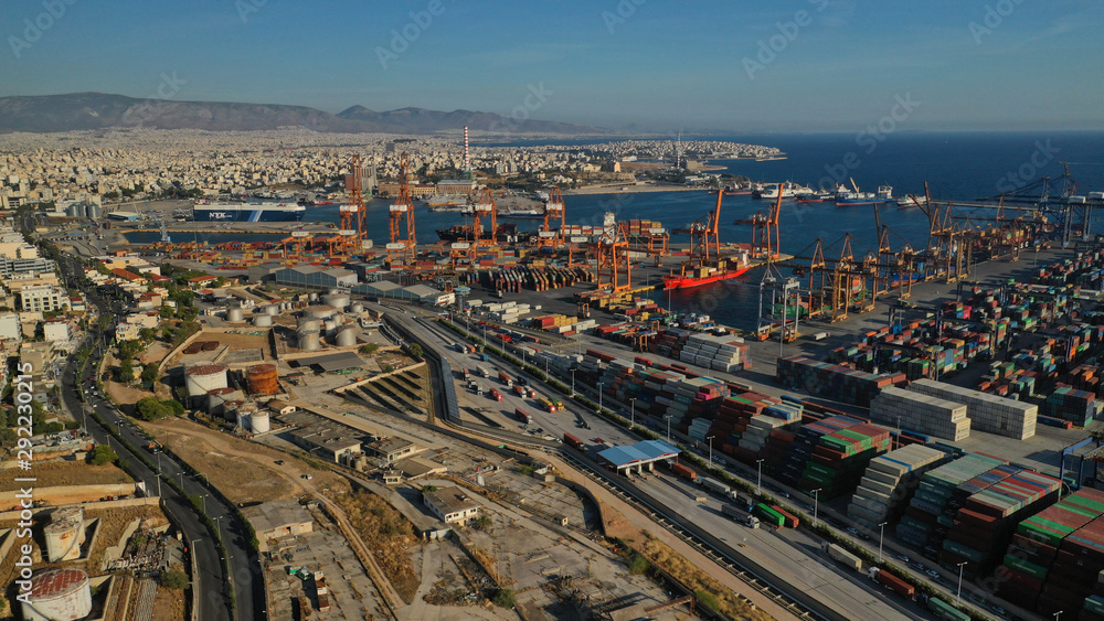 Aerial top down photo of containers in ship port for business Logistics and transportation of Container Cargo, logistic import export and transport