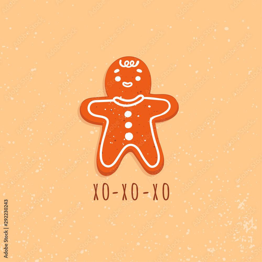 Cute gingerbread man cookie. Funny vector greeting card. Christmas winter mood. Hand drawn trendy illustration. Cartoon style. Flat design. Tasty baking