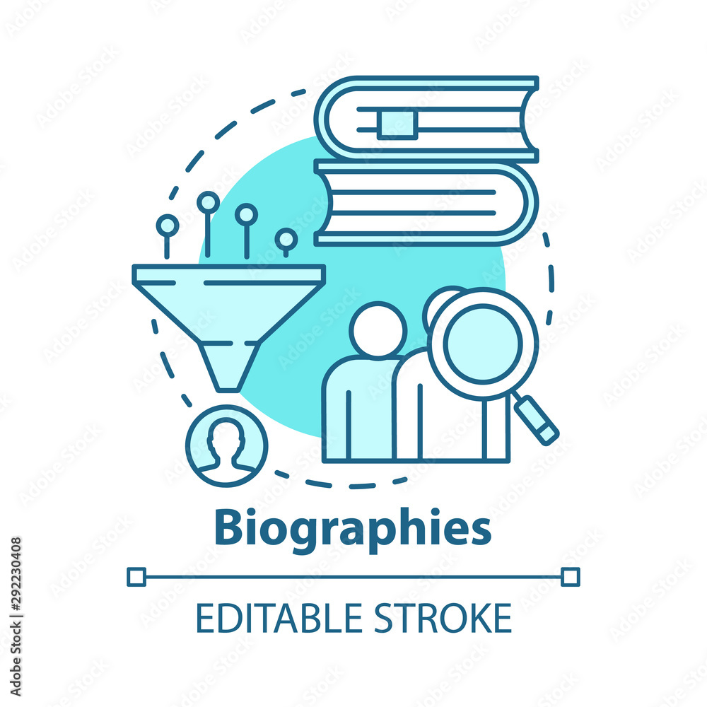 Biographies concept icon. Life history idea thin line illustration. Stories about famous people. Facts about historic personalities. Personal data. Vector isolated outline drawing. Editable stroke Biographies concept icon. Life history idea thin line illustration. Stories about famous people. Facts about historic personalities. Personal data. Vector isolated outline drawing. Editable stroke
