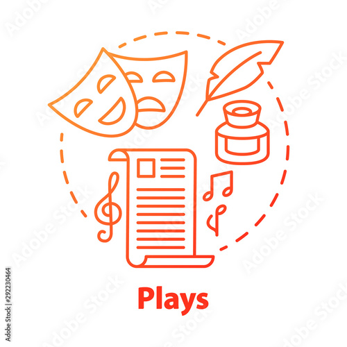 Plays red concept icon. Drama theatre & screenplay idea thin line illustration. Theatrical script & musical accompaniment. Dramatist, scenario. Classic literature. Vector isolated outline drawing photo