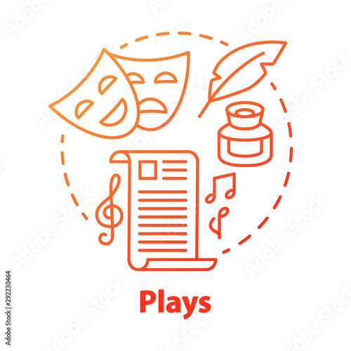 Plays red concept icon. Drama theatre & screenplay idea thin line illustration. Theatrical script & musical accompaniment. Dramatist, scenario. Classic literature. Vector isolated outline drawing