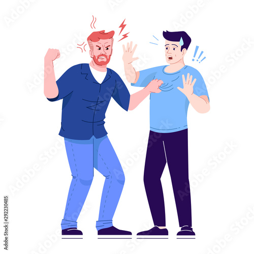 Men fight flat vector illustration. Aggressive male behavior. Friends conflict, dispute. Angry and defending men isolated cartoon characters with outline elements on white background