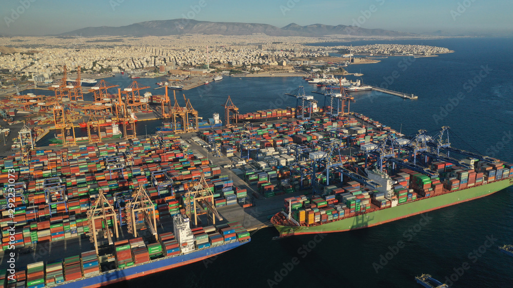 Aerial photo of industrial cargo container terminal in Perama and Drapetsona commercial port near Piraeus, Attica, Greece