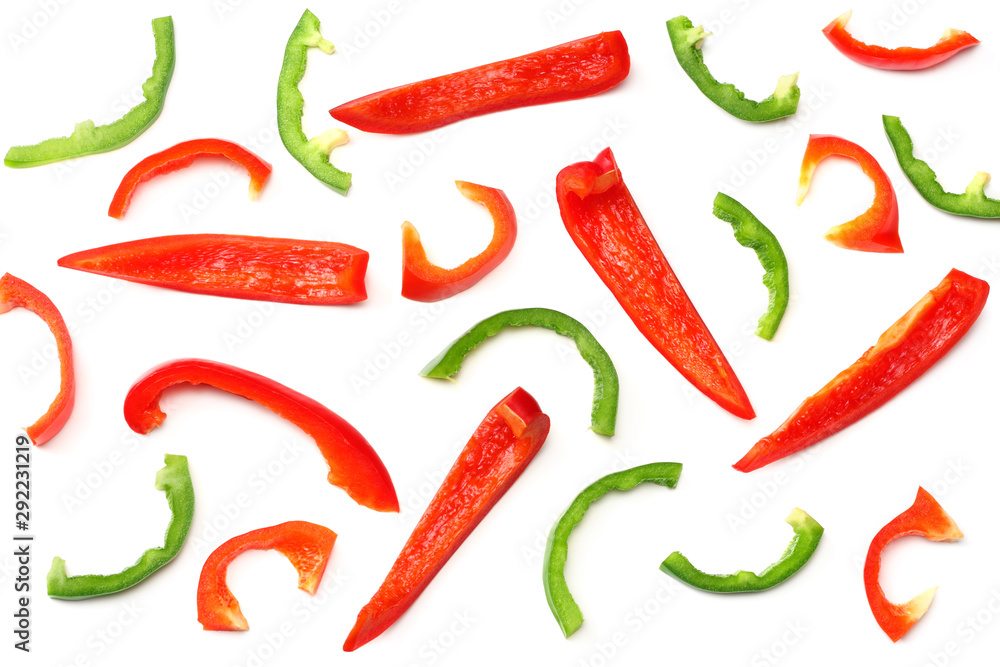 cut slices of sweet bell pepper isolated on white background. top view cut slices of sweet bell pepper isolated on white background. top view