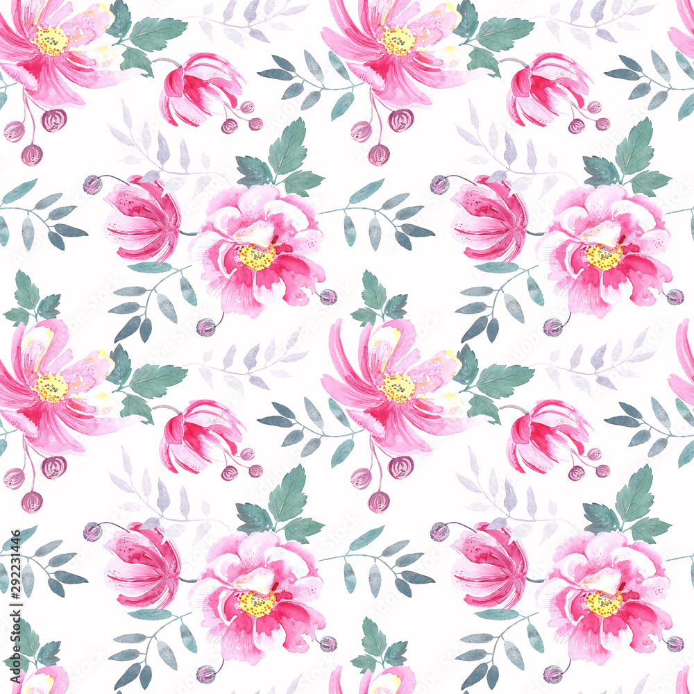 Seamless pattern with wild pink roses , elegant pastel floral elements on a white background. .Hand painted in watercolor.