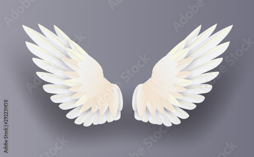 3D white realistic layered.Creative paper cut and craft style.Minimal angel wings on isolate background.Happy Valentines day decoration for greeting card.Collection angle flying vector.illustration.