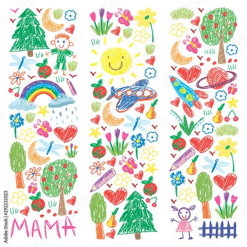 Kindergarten pattern with funny kids drawing. Vector illustration. Children play and grow.