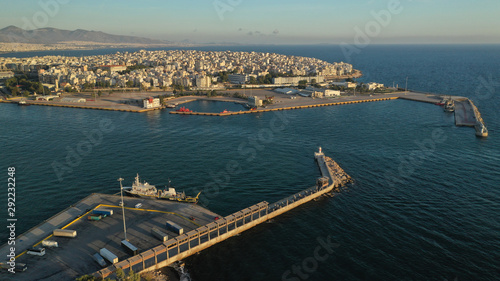 Aerial drone photo of iconic and busy port of Piraeus at sunset, Attica, Greece