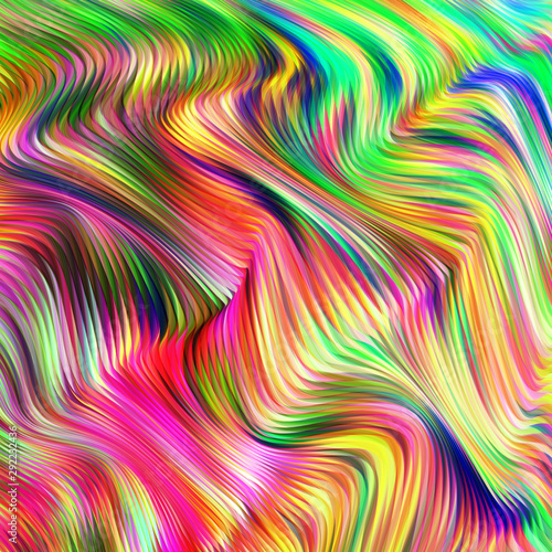 Vector warped lines colorful background. Modern abstract creative backdrop with multicolor variable width stripes. Twisted stripes optical illusion. Moire waves.