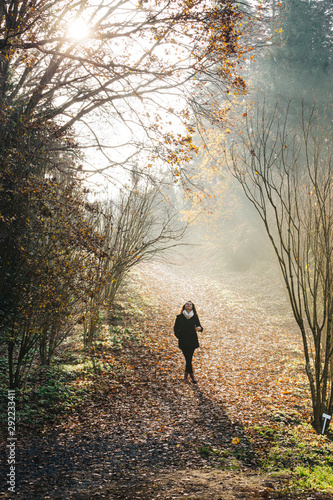 A female model with black coat at forest, behind the model there is a autumn background with yellow, brown and autumn colors