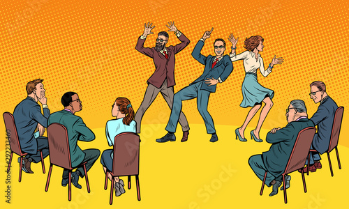 Dance competition. Dancing people and jury