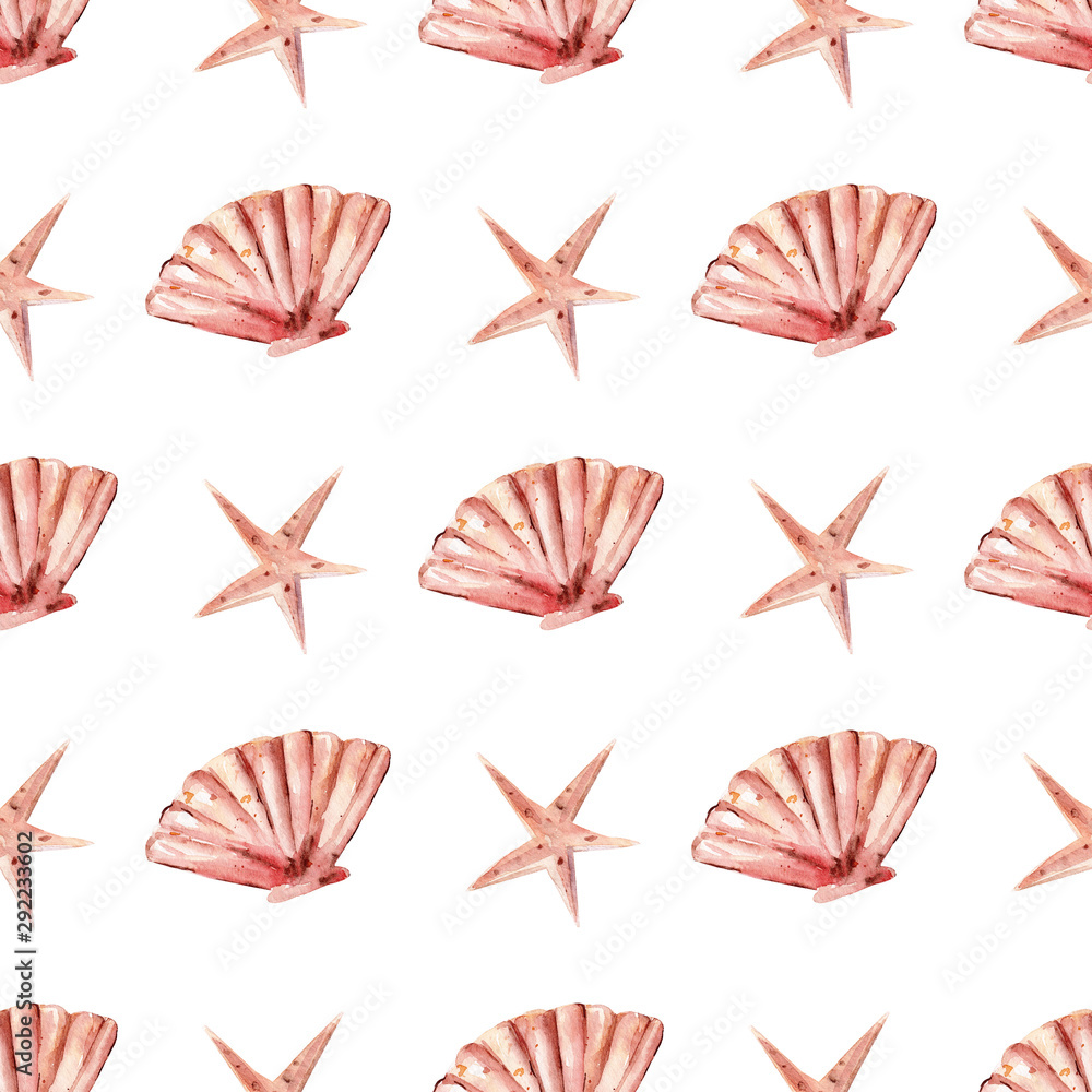 Tropical seashell and starfish seamless watercolor raster pattern Tropical seashell and starfish seamless watercolor raster pattern