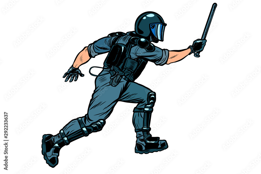 Obraz premium riot policeman attacks with a baton. police work. authoritarian and totalitarian regimes concept
