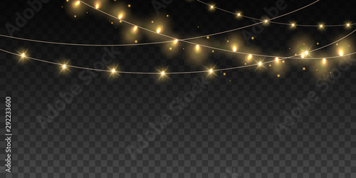 Christmas lights bulbs isolated. Glowing golden Christmas Party hanging lamp garlands string for Xmas Holiday cards, banners, posters, web design. Magic night lights vector design element.