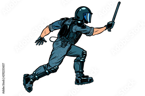 riot policeman attacks with a baton. police work. authoritarian and totalitarian regimes concept