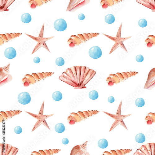 Marine pearls, seashell and starfish seamless watercolor raster pattern