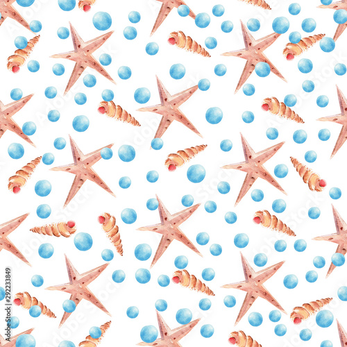 Tropical pearls and starfish seamless watercolor raster pattern
