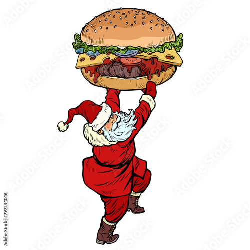 Santa Claus with Burger. Christmas menu fast food restaurant concept