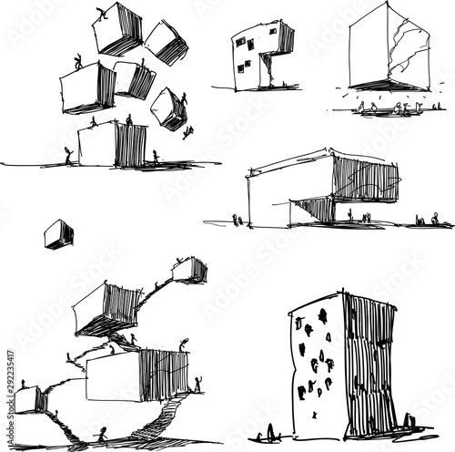 six hand drawn architectectural sketches of a modern abstract architecture photo