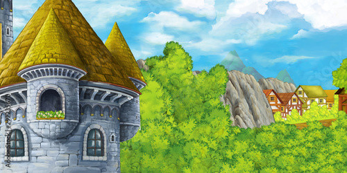 cartoon scene with mountains valley near the forest with wooden house and castle tower illustration for children