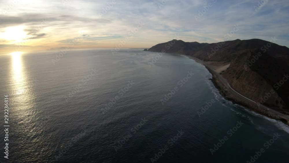 Flying Along Coastline of Santa Monica Mountains Near Sand Dunes and Pacific Coast Highway - Malibu California USA Flying Along Coastline of Santa Monica Mountains Near Sand Dunes and Pacific Coast Highway - Malibu California USA