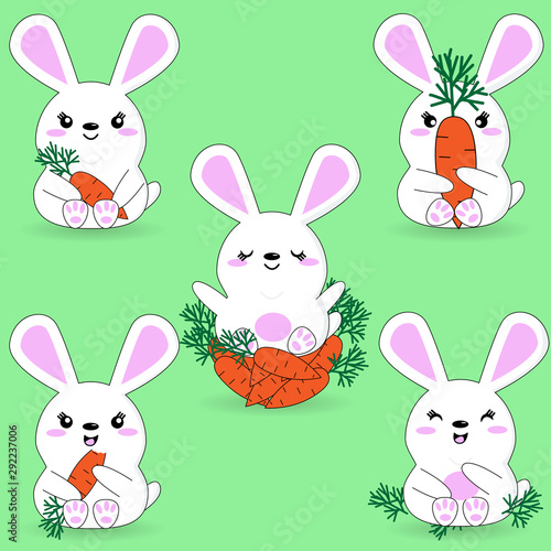 Vector set of kawaii hares on a green background. Cute cartoon animals with carrots. Positive emotions in white rodents. Love for carrots little white kawaii with long ears.